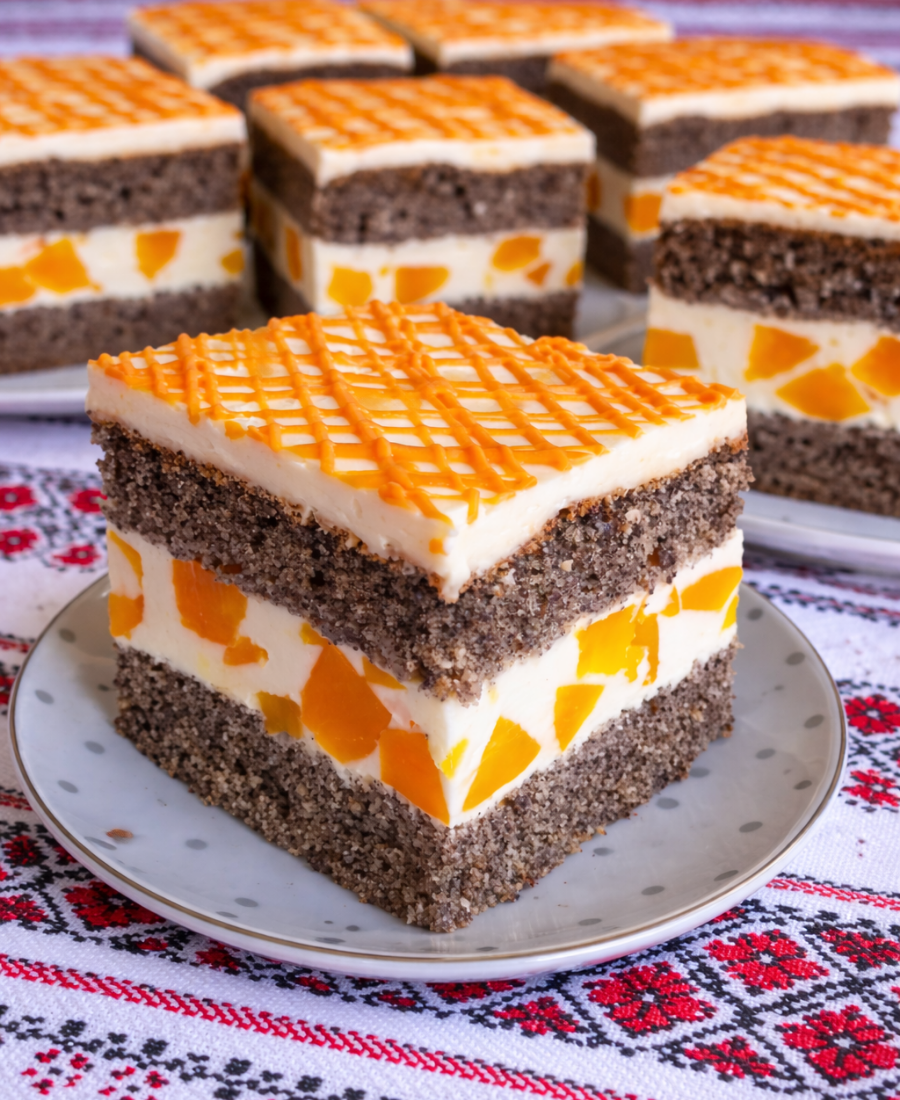 Ми обожнюємо цей пляцок! Макові коржі, ніжний вершковий крем і соковиті персики - божественна смакота!
